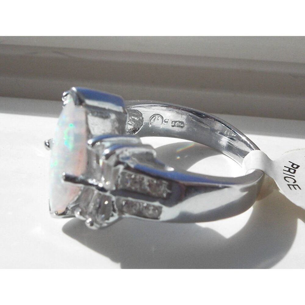 925 STERLING SILVER Marquise Lab Created White Fire Opal & CZ Ring - Picture 12 of 15